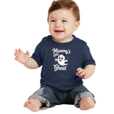 Child wearing a navy blue shirt with 'Mummy's Little Ghost' text and ghost graphic on a white background